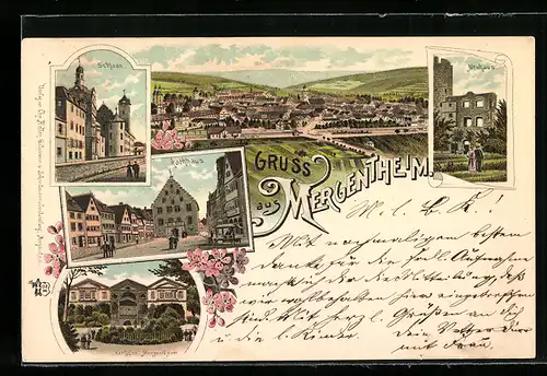 Lithographie Mergentheim, Ortsansicht, Rathaus, Schloss