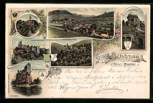 Lithographie Schönau, Teilansicht mit Hotel Mischler, Fleckenstein, Blumenstein, Hohenburg