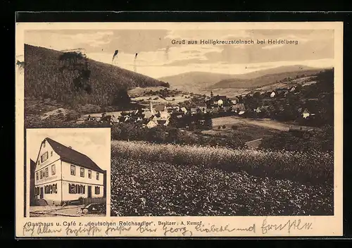 AK Heiligkreuzsteinach b. Heidelberg, Gasthaus u. Café u. deutschen Reichsadler, Ortsansicht