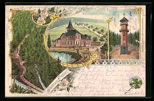 Lithographie Ernsee, Gasthaus Waldschlösschen mit Umgebung, Metzhöhe mit Aussichtsturm