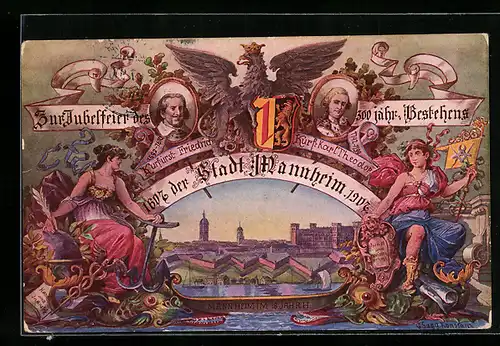 Künstler-AK Mannheim, Jubelfeier des 300 jährigen Bestehens 1607-1907, Kurfürst Friedrich und Karl Theodor