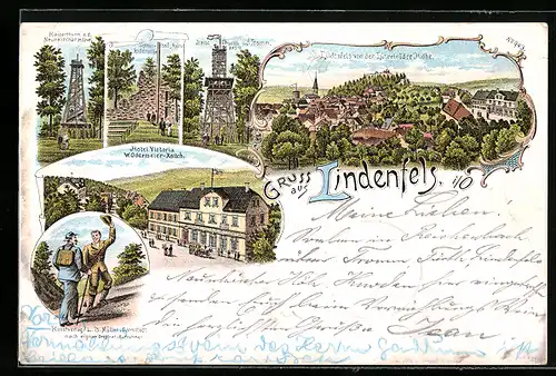 Lithographie Lindenfels i/O, Hôtel Victoria, Kaiserthurm, Schlosshof, Irene-Thurm