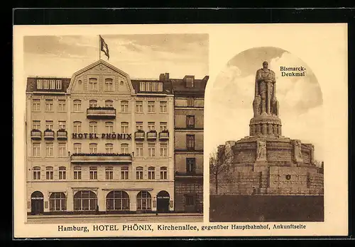 AK Hamburg, Hotel Phönix, Kirchenallee, Bismarck-Denkmal