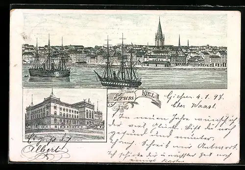 Lithographie Kiel, Marine Academie, Ortsansicht mit Schiffen