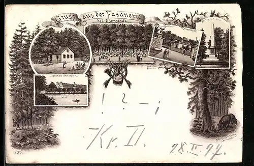 Lithographie Darmstadt, Gasthaus, Fasanerie, Forsthaus, Jagdschloss Kranichstein