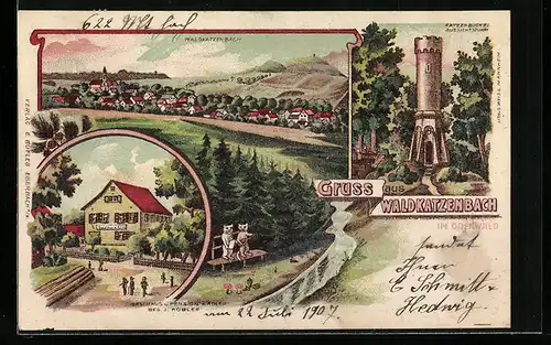 Lithographie Waldkatzenbach, Gasthaus-Pension zum Adler J. Köbler, Gesamtansicht