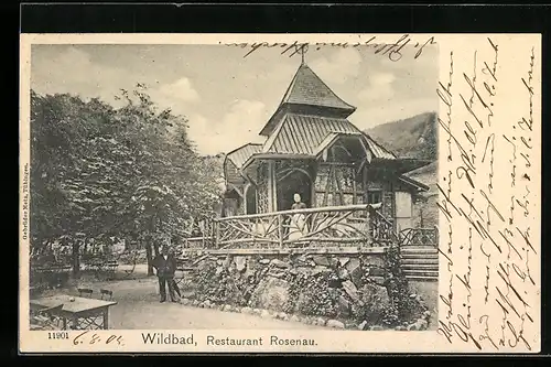AK Wildbad, Restaurant Rosenau, Gartenansicht mit Wirtsleuten