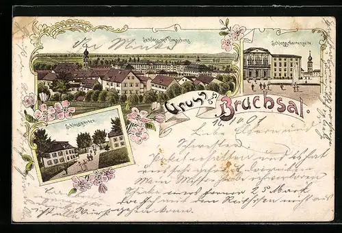 Lithographie Bruchsal, Schloss mit Umgebung, Schlossgarten