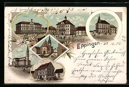 Lithographie Eppingen, Spital, Baumannsches Haus, Rathaus