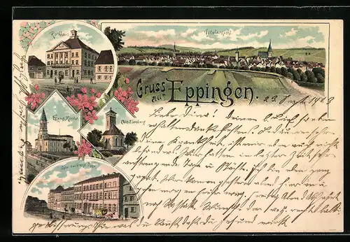 Lithographie Eppingen, Hotel zur Krone Post, Ottilienberg, Totalansicht