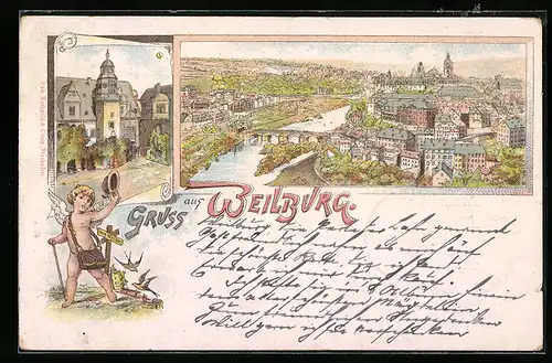 Lithographie Weilburg, Ortsansicht mit Brücke aus der Vogelschau, Kirche, Amor als Postbote