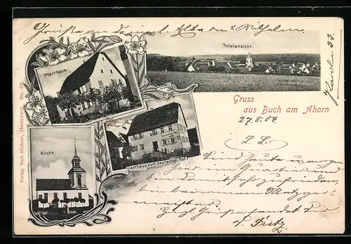 Passepartout-AK Buch am Ahorn, Gasthaus zum deutschen Hof, Pfarrhaus, Kirche, Totalansicht