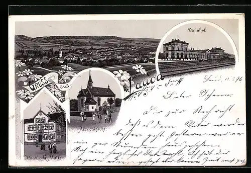Lithographie Lauda, Bahnhof, Marienkirche, Hotel v. G. Müller