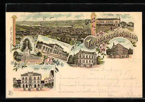 Lithographie Tauberbischofsheim, Ortsansicht, Blick auf Bahnhof, Rathaus, Marktplatz, Post und Kriegerdenkmal
