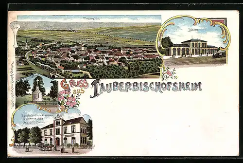 Lithographie Tauberbischofsheim, Bahnhof-Hotel Goldener Adler U. Hoffmann, Bahnhof, Gesamtansicht aus der Vogelschau