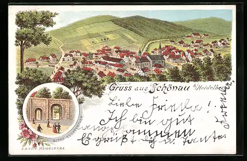 Lithographie Schönau bei Heidelberg, Altes Klosterthor, Gesamtansicht mit Umgebung aus der Vogelschau