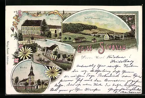 Lithographie Schönau bei Heidelberg, Schloss, Kirche, Totalansicht