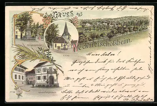 Lithographie Neckarbischofsheim, Haushaltungsschule, Kriegerdenkmal, Ortsansicht