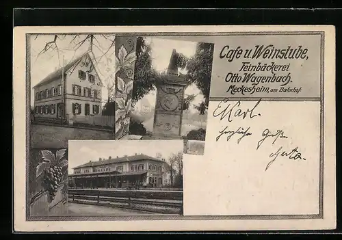 AK Meckesheim, Cafe und Weinstube Otto Wagenbach, Bahnhof, Kriegerdenkmal