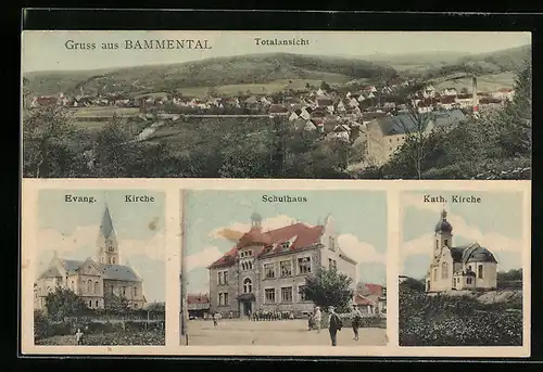 AK Bammental, Schulhaus, Kirchen, Totalansicht aus der Vogelschau