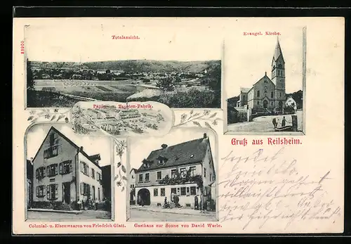 Passepartout-AK Reilsheim, Papier- und Tapetenfabrik, Gasthaus zur Sonne D. Werle, Colonialwaren F. Glatt, Totalansicht