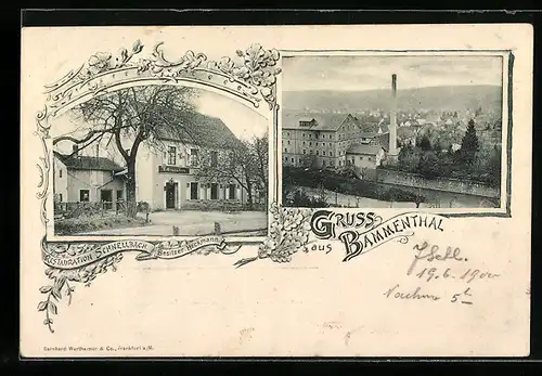 Passepartout-AK Bammenthal, Gasthaus Restauration Schnellbach Heckmann, Ortsansicht mit Fabrik