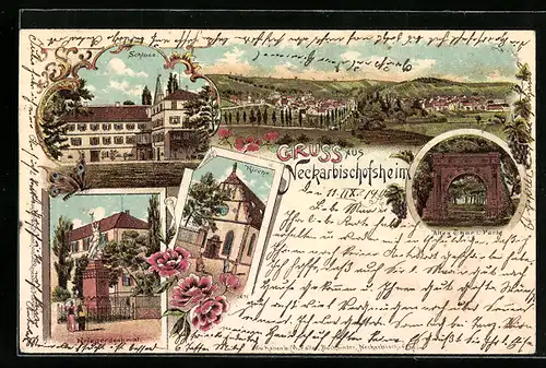 Lithographie Neckarbischofsheim, Schloss, Kriegerdenkmal, Gesamtansicht
