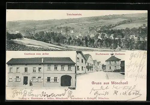 AK Mönchzell, Gasthaus zum Adler, Dofstrasse mit Rathaus, Totalansicht aus der Vogelschau