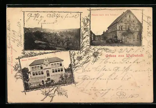 Passepartout-AK Waibstadt, Strasse nach dem Bahnhof, Neues Schulhaus, Ortsansicht