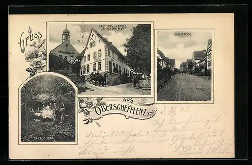 AK Oberschefflenz, Gasthaus zum Engel, Gartenlokal, Dorfstrasse