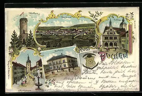 Lithographie Buchen, Rathaus, Amthaus, Wartturm