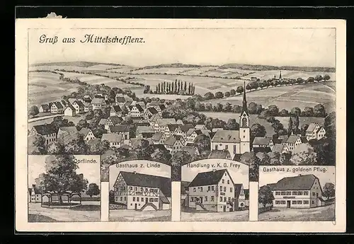 AK Mittelschefflenz, Gasthaus zur Linde, Gasthaus zum goldnen Pflug, Handlung v. K. G. Frey