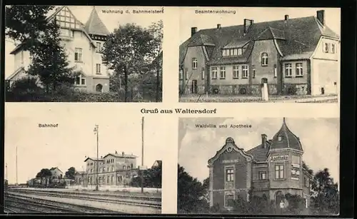 AK Waltersdorf, Waldvilla und Apotheke, Kleinbahn-Bahnhof, Wohnung des Bahnmeisters