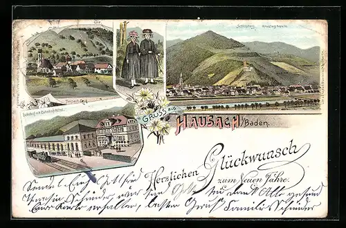 Lithographie Hausach i / Baden, Bahnhof mit Bahnhof-Hôtel, Dorfansicht, Schlossberg & Kreuzberg Kapelle