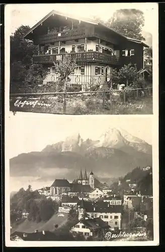 Foto-AK Berchtesgaden, Hotel-Villa Eschenheim, Locksteinstrasse 38, Ortspartie mit Kirche