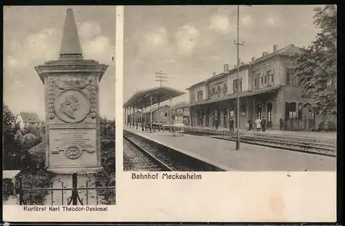 AK Meckesheim, Bahnhof, Kurfürst Karl Theodor Denkmal