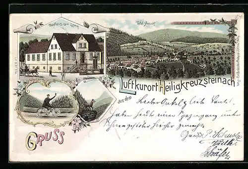 Lithographie Heiligkreuzsteinach, Gasthaus zum Lamm, Totalansicht