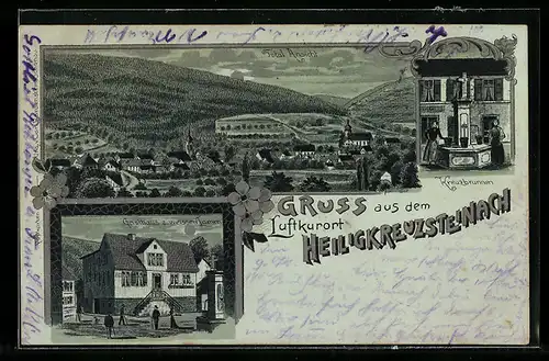 Mondschein-Lithographie Heiligkreuzsteinach, Gasthaus zum weissen Lamm, Kreuzbrunnen