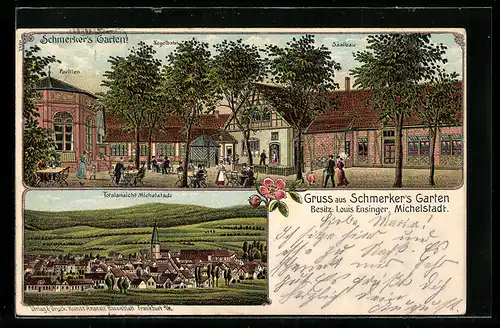 Lithographie Michelstadt, Gasthaus Schmerker`s Garten, Totalansicht