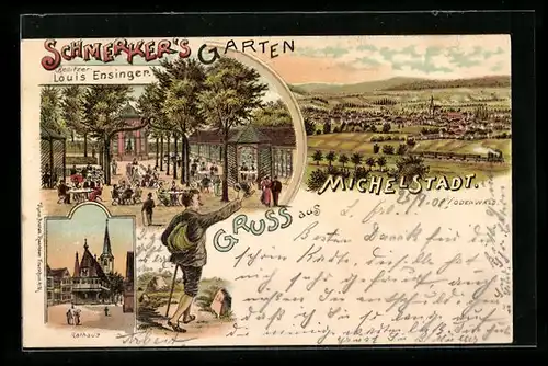 Lithographie Michelstadt, Gasthaus Schmerker`s Garten, Rathaus