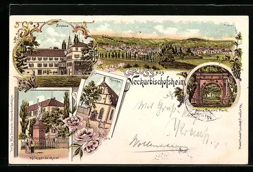 Lithographie Neckarbischofsheim, Kriegerdenkmal, Schloss, Kirche