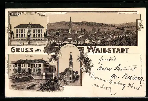 Lithographie Waibstadt, Hotel Lang, Schul-Haus, Kirche