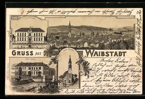 Lithographie Waibstadt, Hotel Lang, Schul-Haus, Kirche