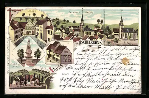 Lithographie Öschelbronn, Rathaus, Braünings Mühle, Gesamtansicht