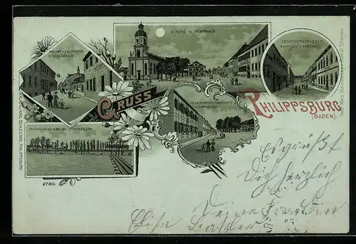 Mondschein-Lithographie Philippsburg i. Baden, Kirche und Pfarrhaus, Rheinschanzinsel b. Hochwasser