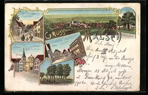 Künstler-AK Malsch, Kirch-Strasse, Rathaus, Pfarrhaus