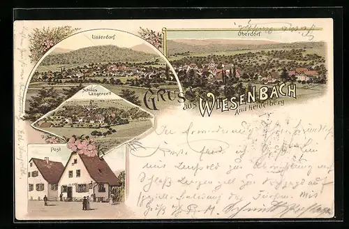 Lithographie Wiesenbach b. Heidelberg, Unterdorf, Schloss Langenzell, Post