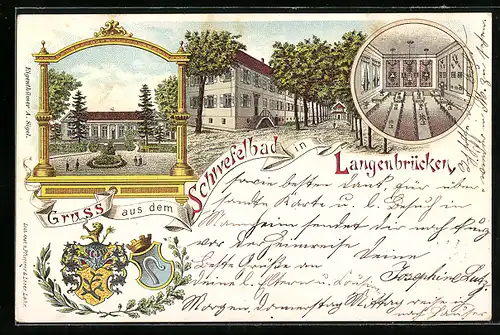 Lithographie Langenbrücken, Strassenpartie, Kurhaus mit Festsaal