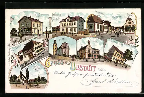 Lithographie Ubstadt /Baden, Gasthaus zum grünen Hof, Restaurant Wippel, Bahnhof