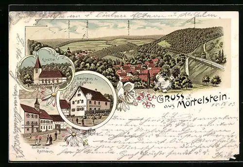 Lithographie Mörtelstein, Gasthaus z. Krone, Schule, Rathaus und Kirche